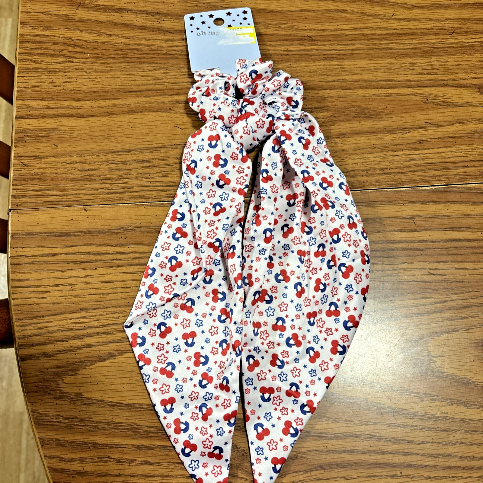 Oh My Stars Twister With Tails Hair Scrunchie, Americana Stars & Cherries, NWT