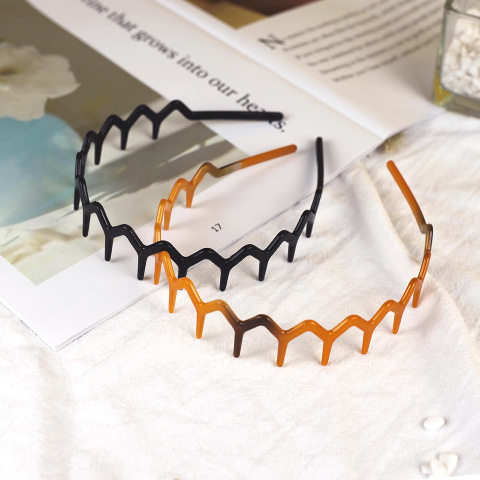2pcs Zig-Zag Shark Tooth Plastic Hair Combs Headbands – Black & Gradient Ambe…
