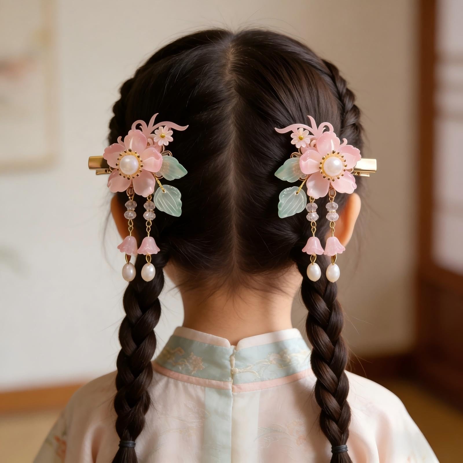Vintage Pink Flower Hair Clips – 2Pcs Sakura Alligator Hair Clips Tassel Pearl H