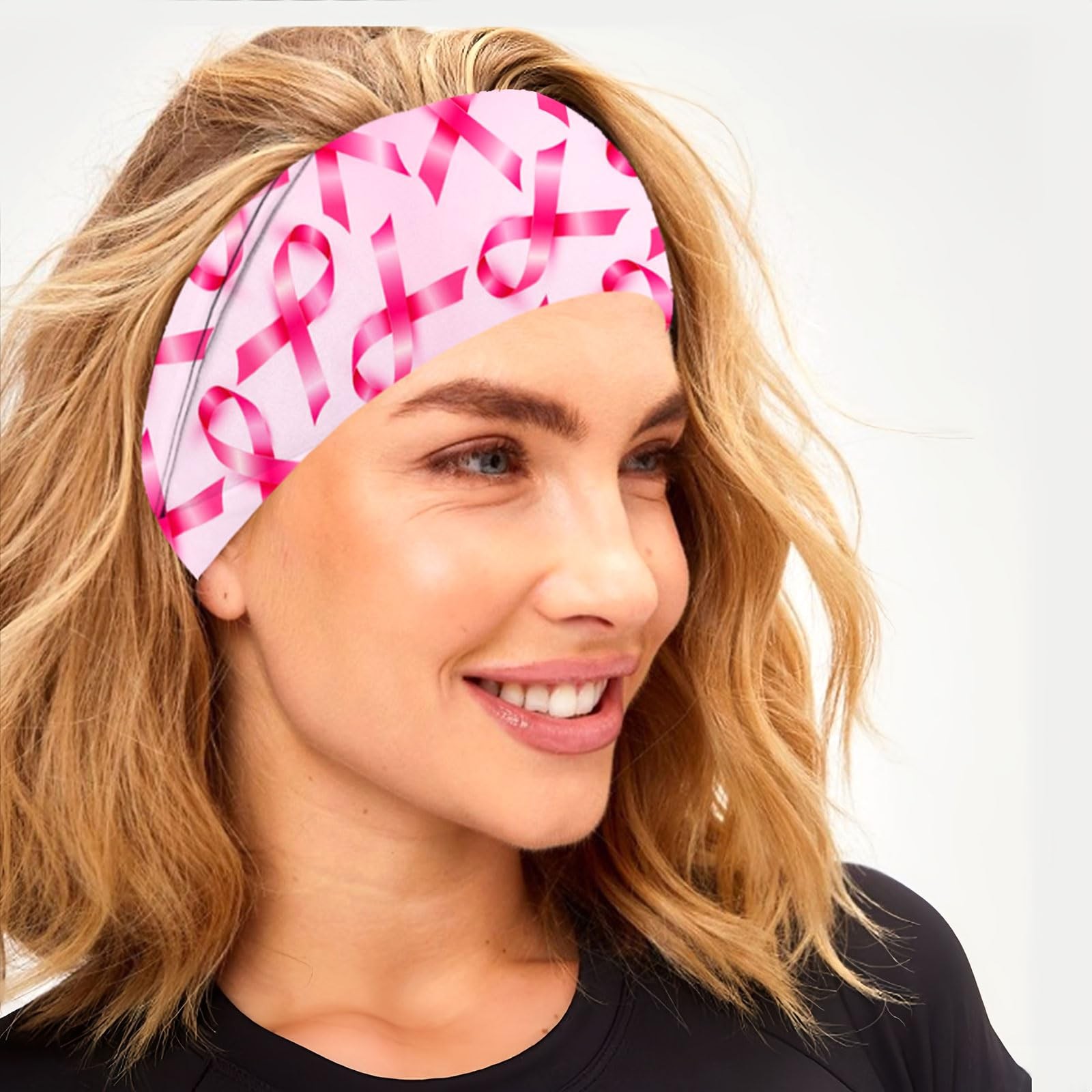 5 PCS Pink Ribbon Breast Cancer Awareness Headbands Elastic Wide Hair Band