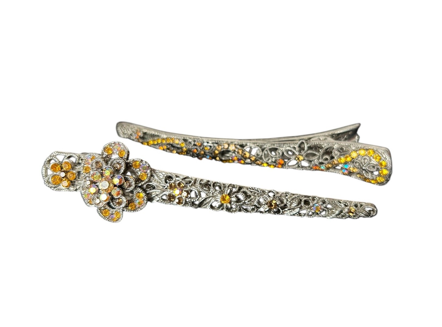 2 Vtg Rhinestones Floral Statement Metal Hair Clip 5.5” Fairycore Silver Amber