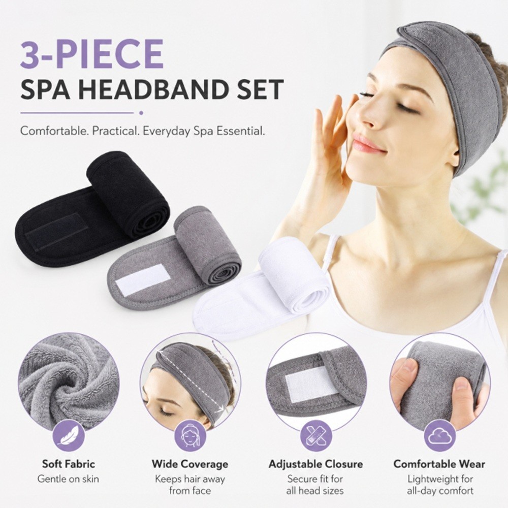 3-Pack Spa Facial Headbands Stretchable Hair Wraps for Makeup Shower Bath Sports