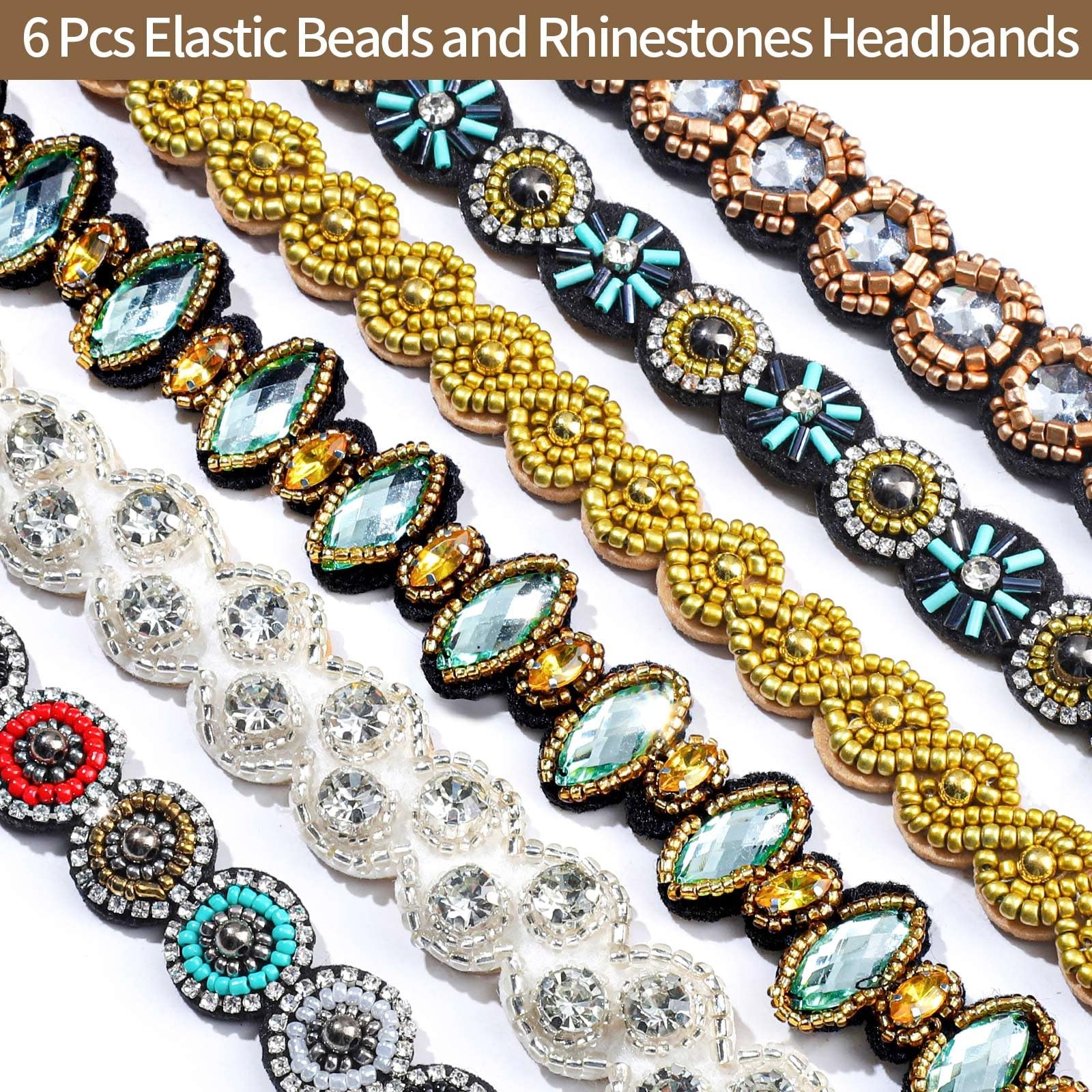 6Pcs Elastic Beaded Headbands for Women, Jewelry Rhinestone Hair Bands for Wo…