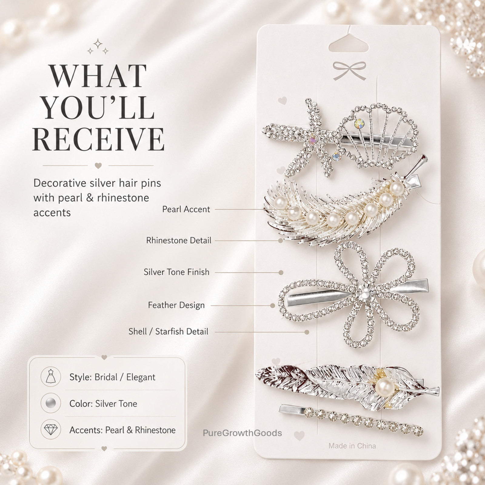 Silver Pearl Rhinestone Hair Pins Set Bridal Wedding Hair Clips for Women