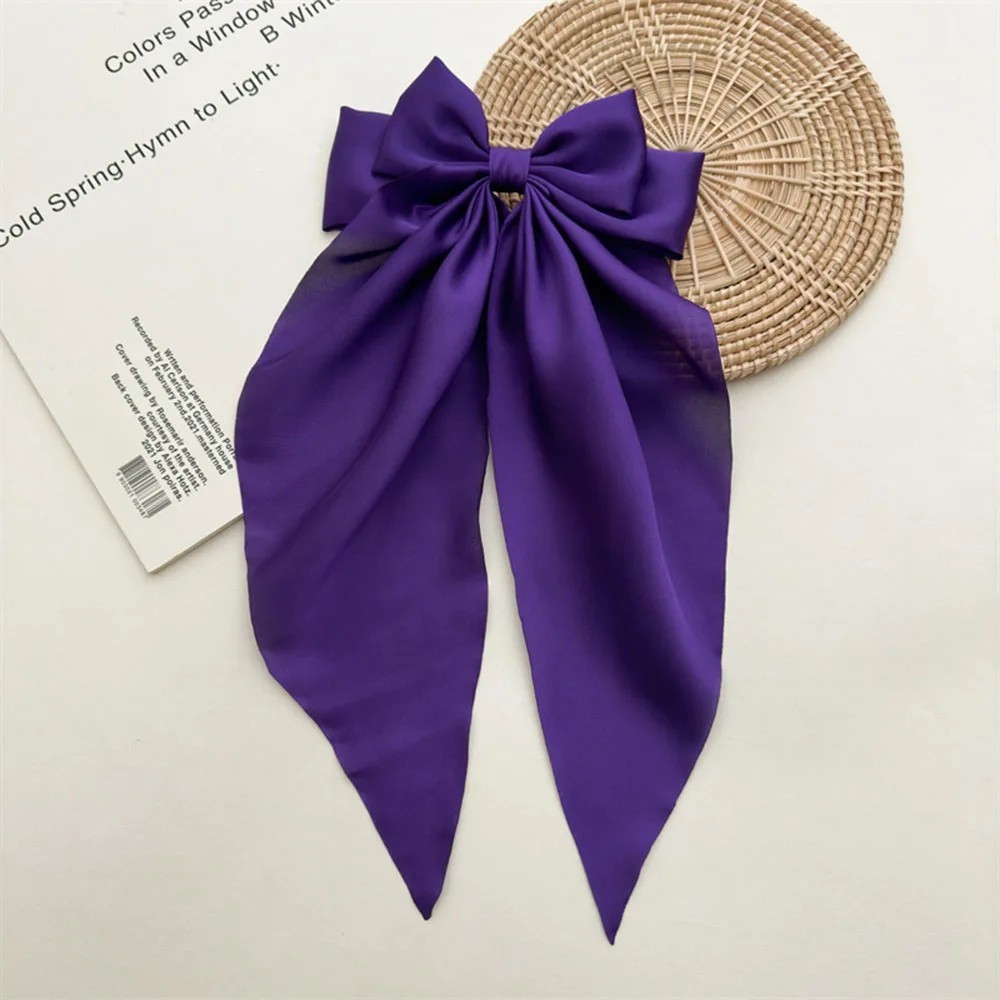 Ladies Satin Oversized Hair Bow Clip – Large Ribbon with Long Tail, Spring Clip