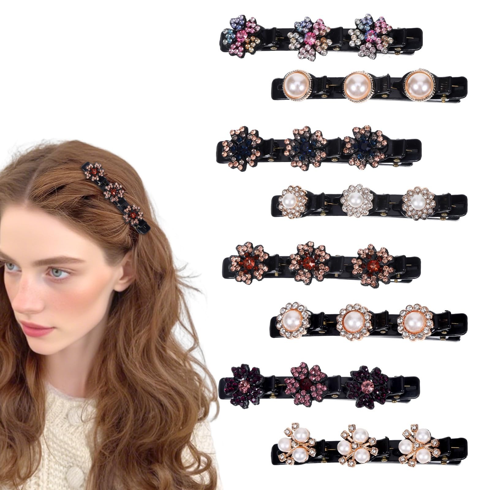 8 Pcs Sparkling Crystal Stone Braided 1 Count (Pack of 1), Floral & Pearl Set