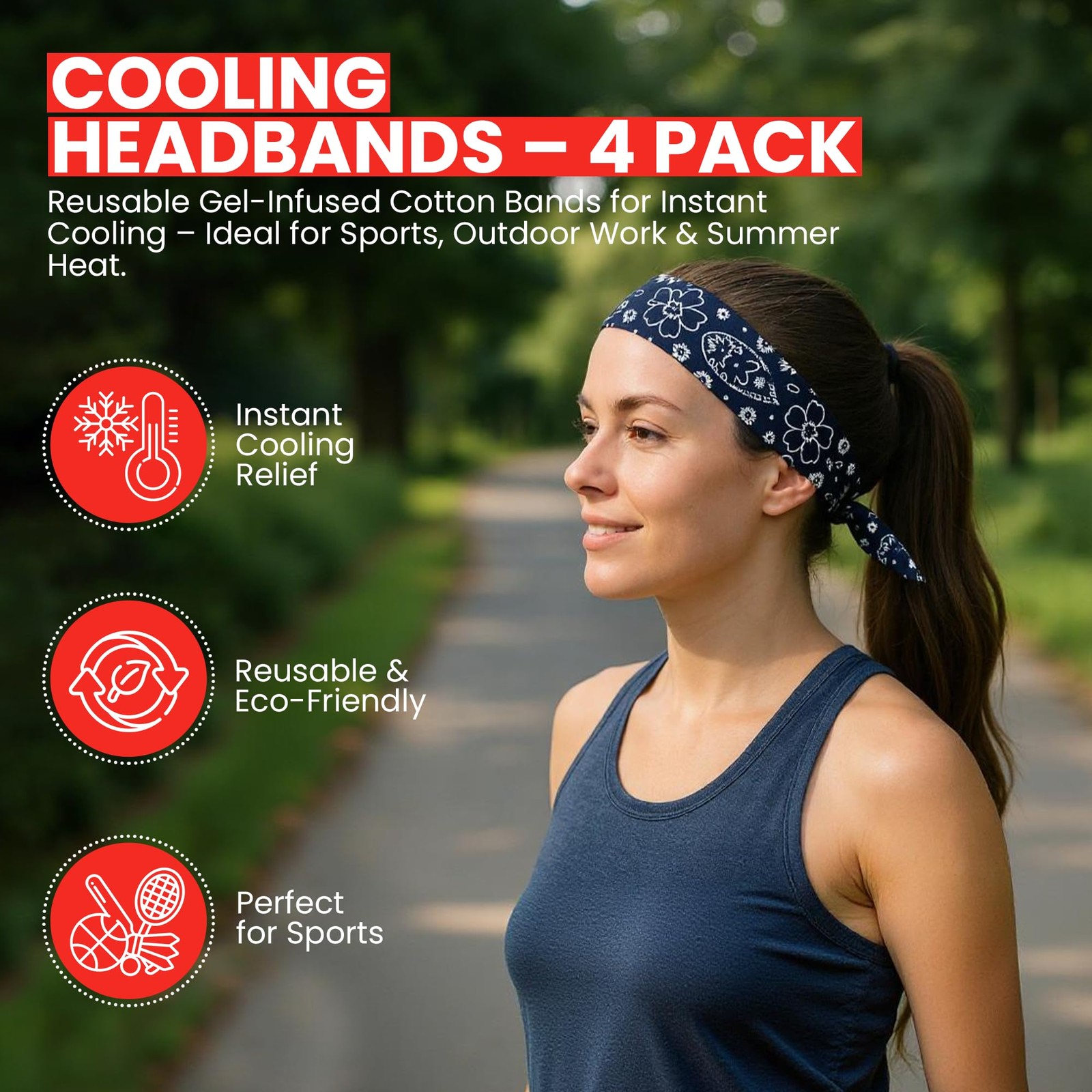 4-Pack Cooling Gel Bandana Head Band, 38-Inch, Red Blue Paisley, Cott