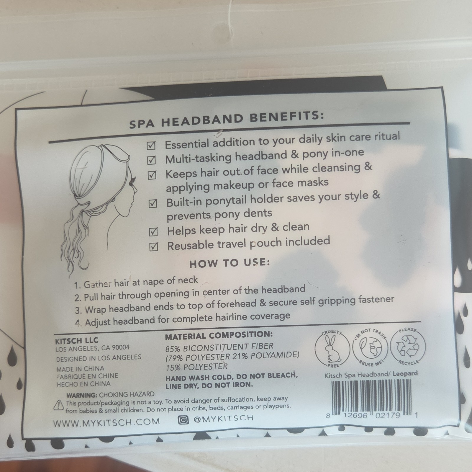 Kitsch Cleanse Leopard Print Spa Headband w/ Ponytail Holder, Reusable