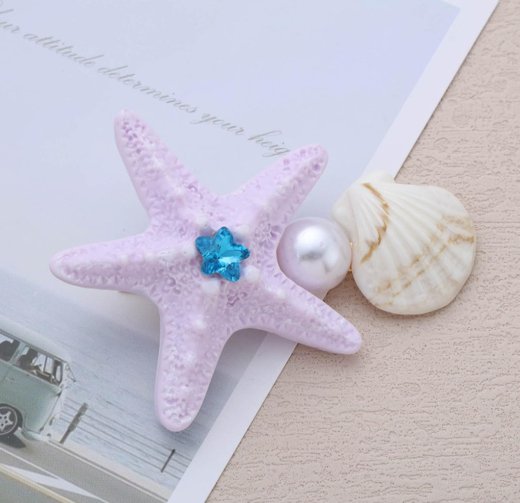 Starfish Hair Barrettes Pearl & Shell Resin Seashell Hair Clips Lavender 2 Pack