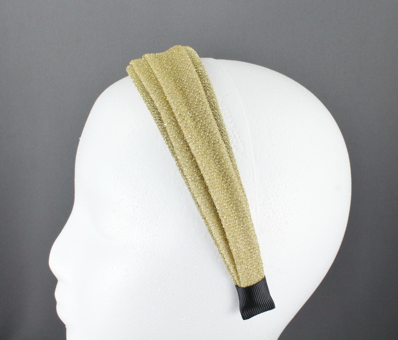 Gold pleated headband hair band accessory 1 5/8″ wide sparkly glitter fabric