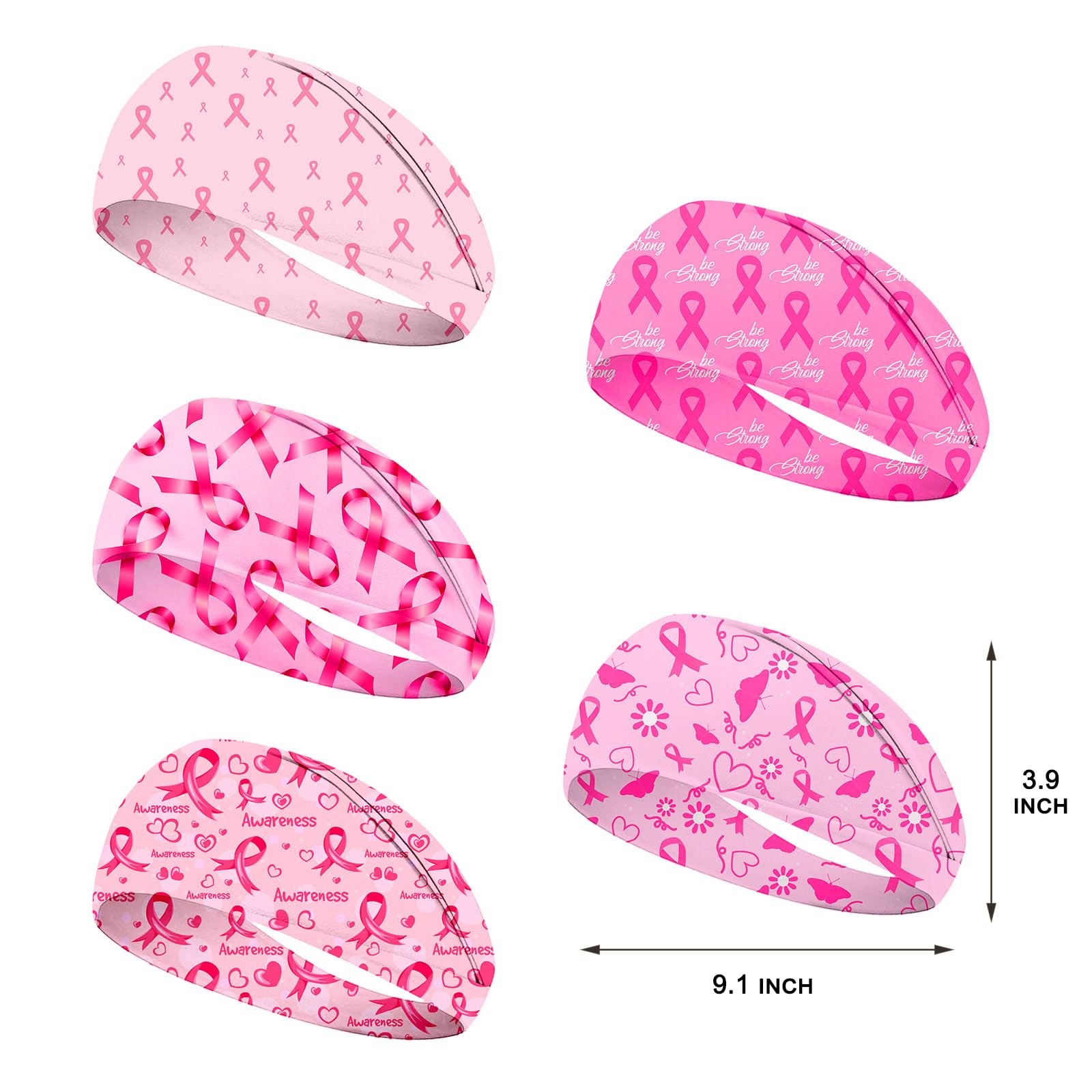 5 PCS Pink Ribbon Breast Cancer Awareness Headbands Elastic Wide Hair Band