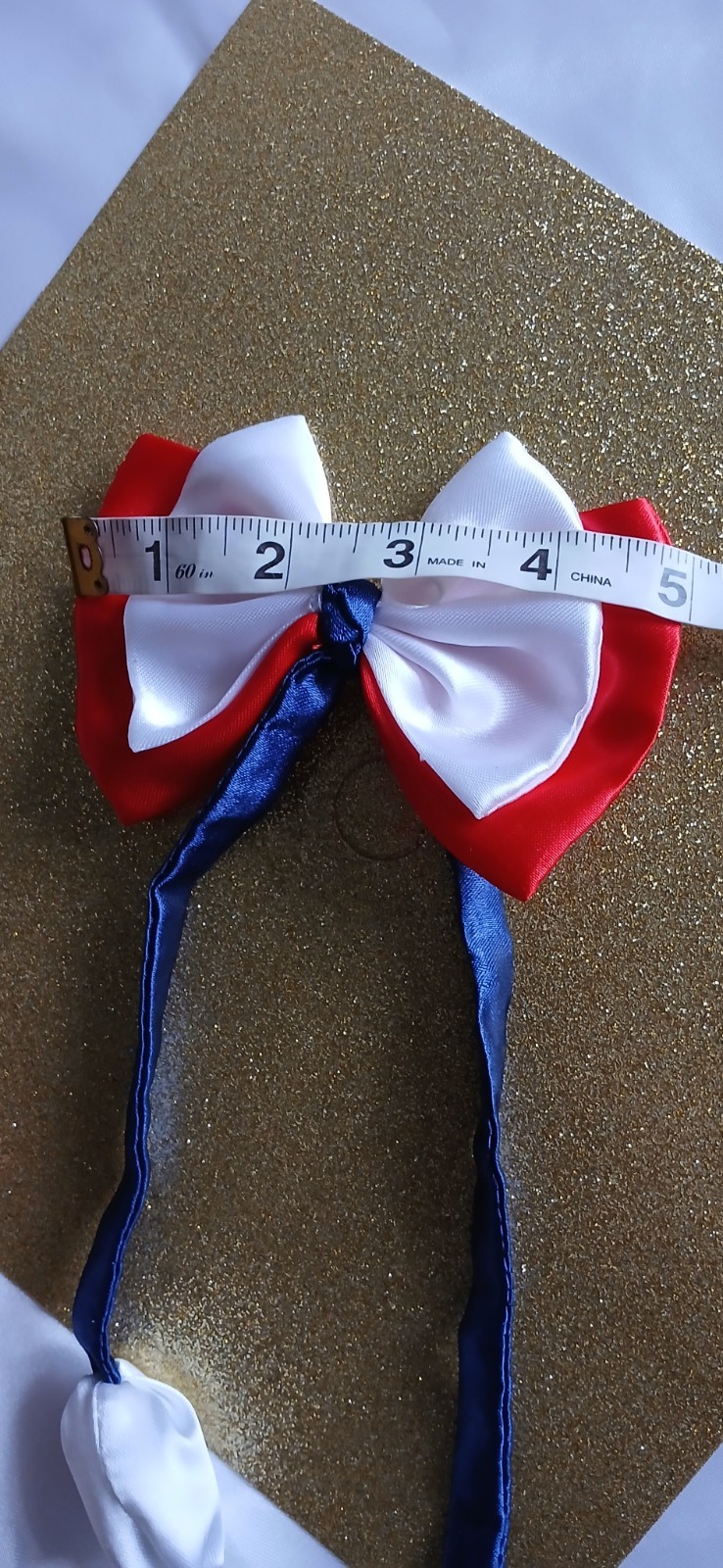Set of 2 Red & White Satin Bow Hair Clip Barrettes w/ Long Blue Ribbon Tails