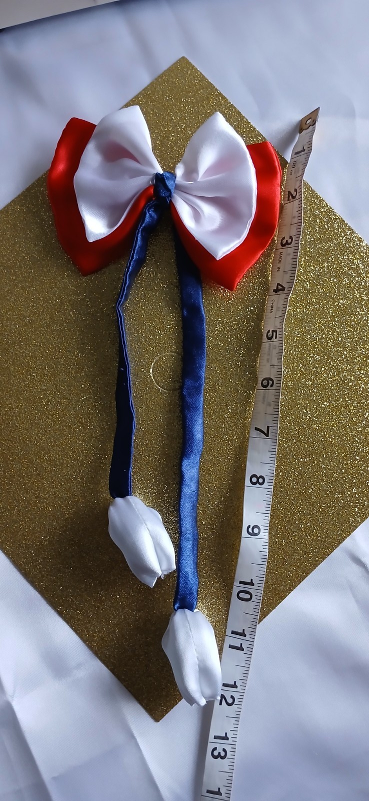Set of 2 Red & White Satin Bow Hair Clip Barrettes w/ Long Blue Ribbon Tails