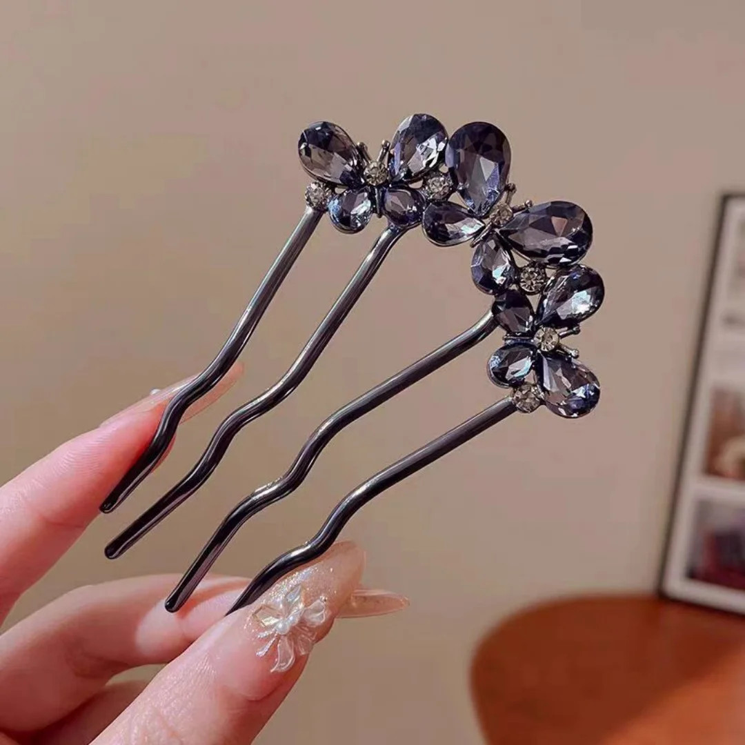 Rhinestone Butterfly Hairpin for Women, High-End Hair Styling Tool, Four-Tooth C