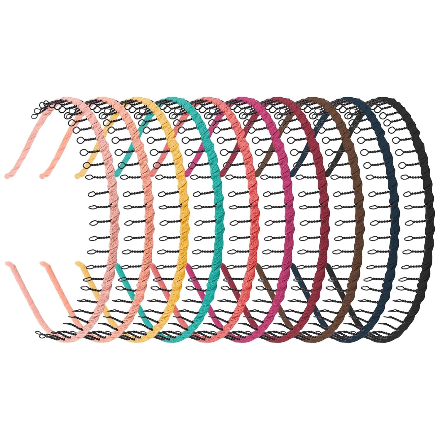, 10 Pack Ribbon Wrapped Metal Headbands with Teeth Comb Hair Hoop Hairband for