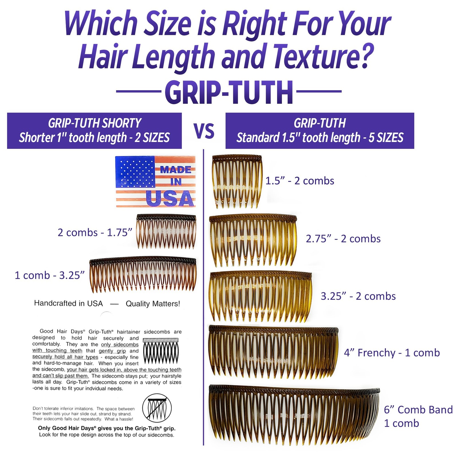 Good Hair Days Grip Tuth Hair Combs, Set of 2, Clear, 1.5 Wide