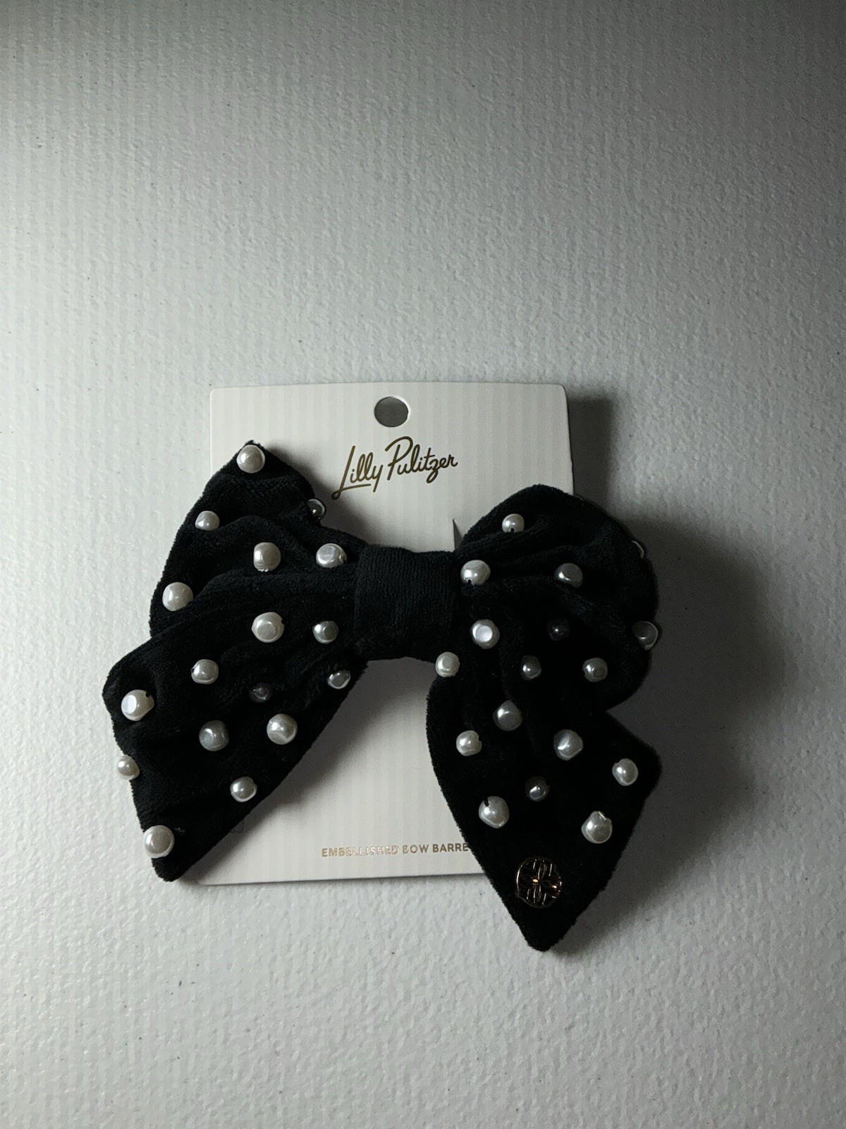 Lilly Pulitzer NWT Embellished Velvet & Pearl Bow Barrette Onyx