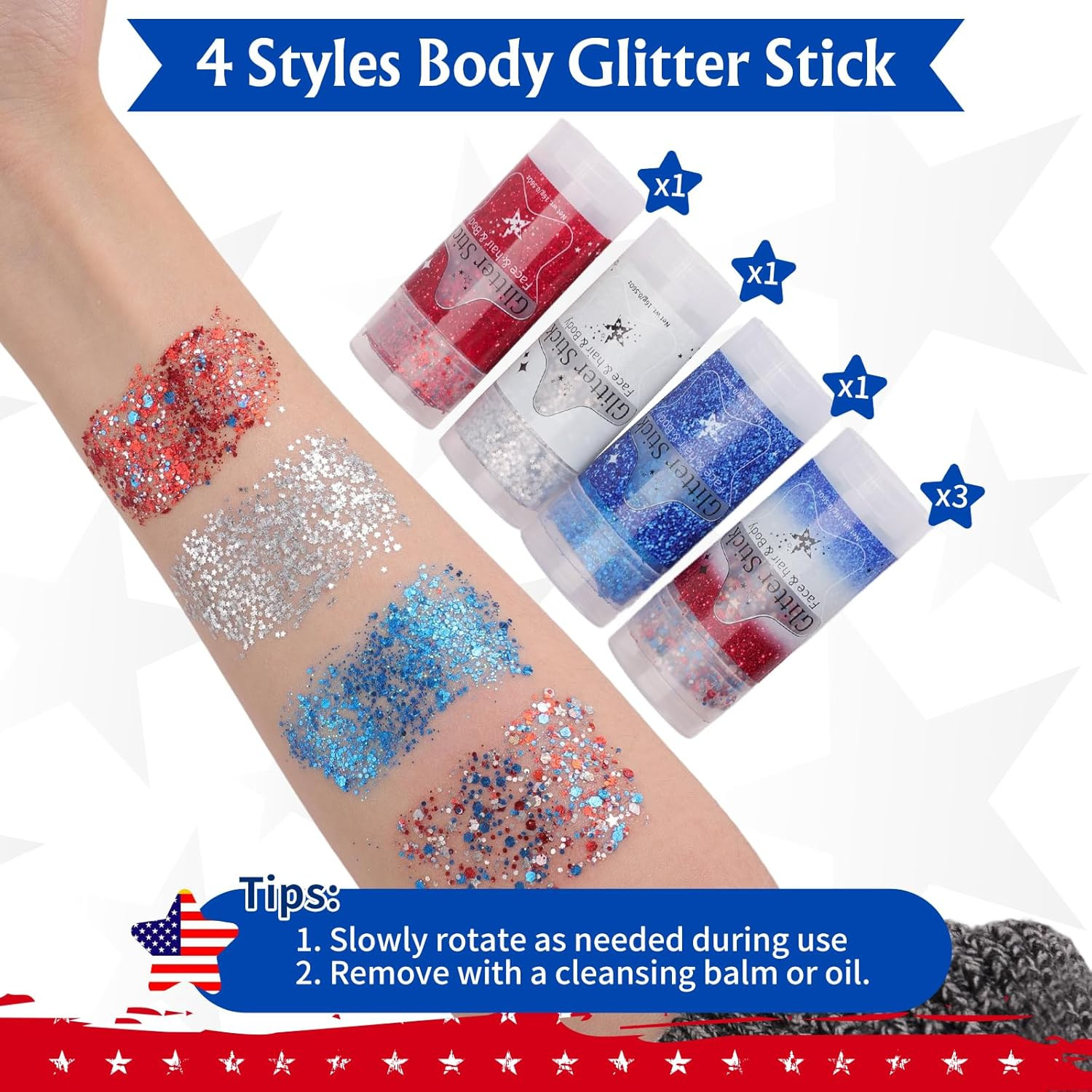6Pcs Red White Blue Hair Glitter Stick, 4 Styles Face & Body Glitter | Waterproo