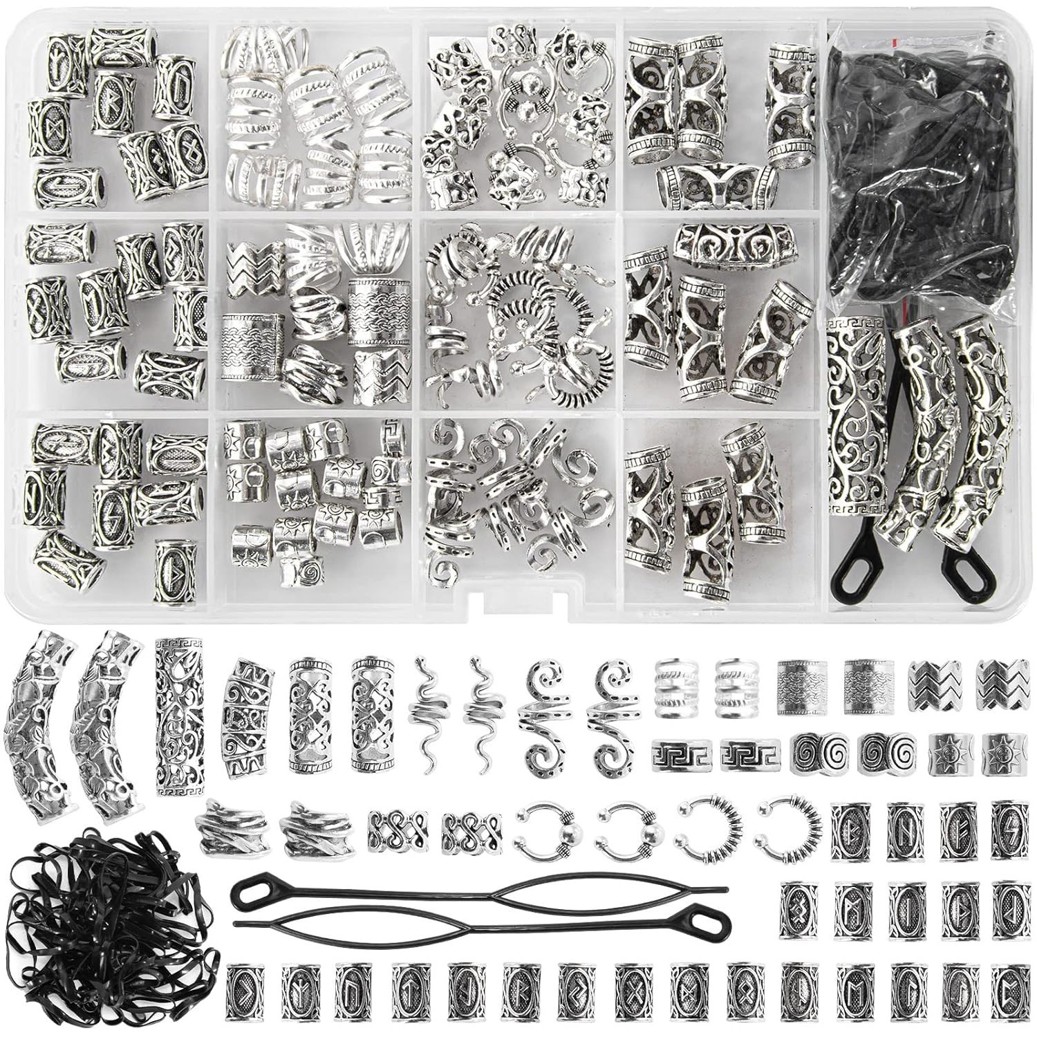 152PCS Vikings Hair Jewelry Norse Runes Tube Beads, Metal Clips Cuffs Rings, Acc