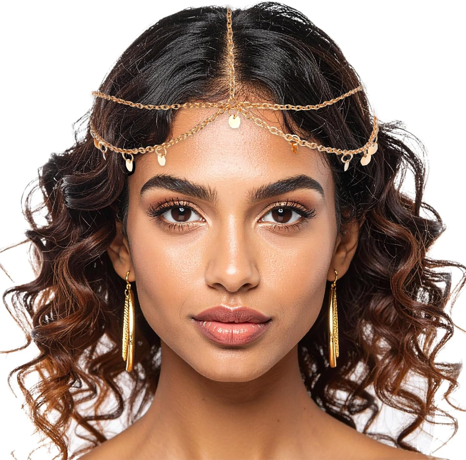 Xindojuz Gold Headpiece, Boho Sequin Gold Head Chain Jewelry for Women, Prom Egy
