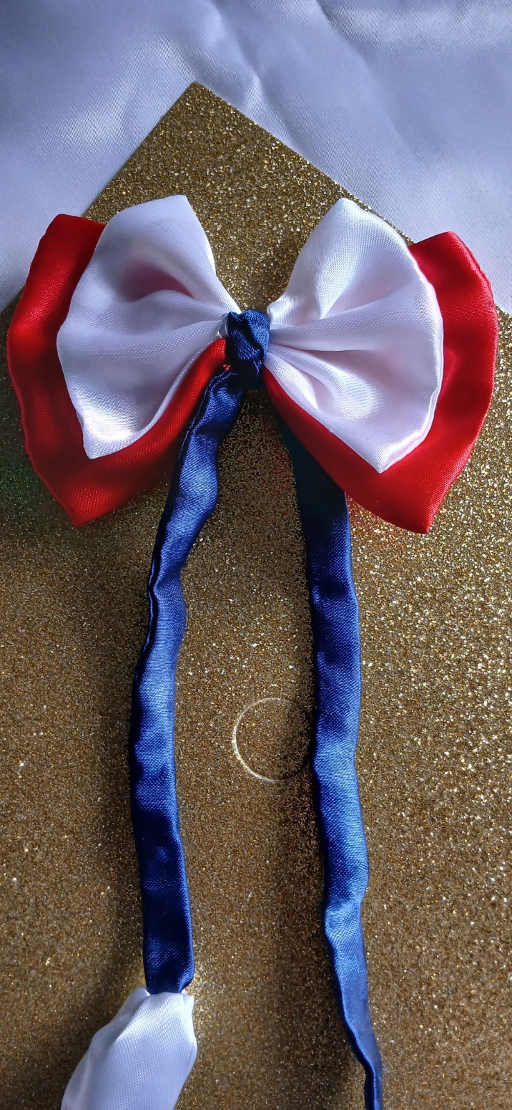 Set of 2 Red & White Satin Bow Hair Clip Barrettes w/ Long Blue Ribbon Tails
