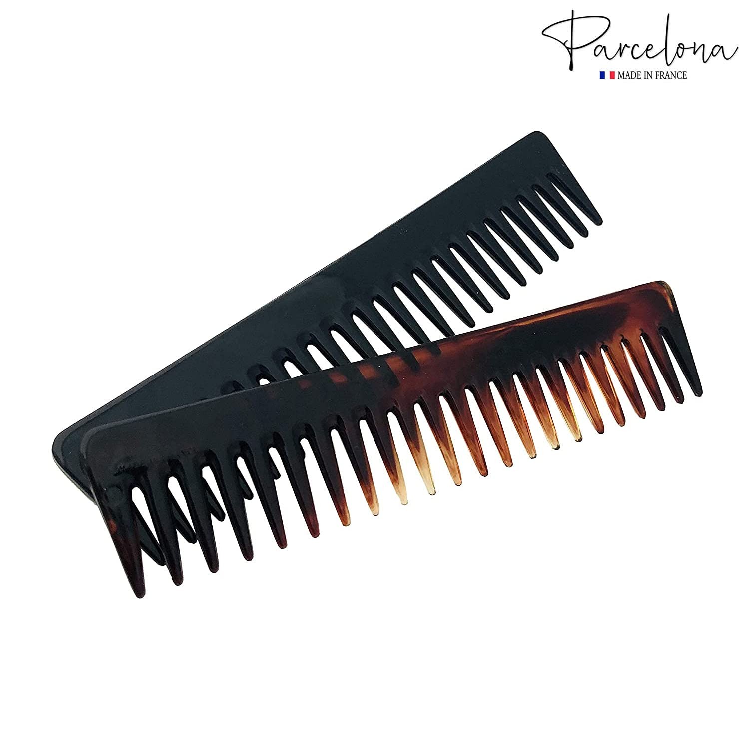 Parcelona French Volume Long Rake Set of 2 Shell Black Celluloid Wide Hair Combs