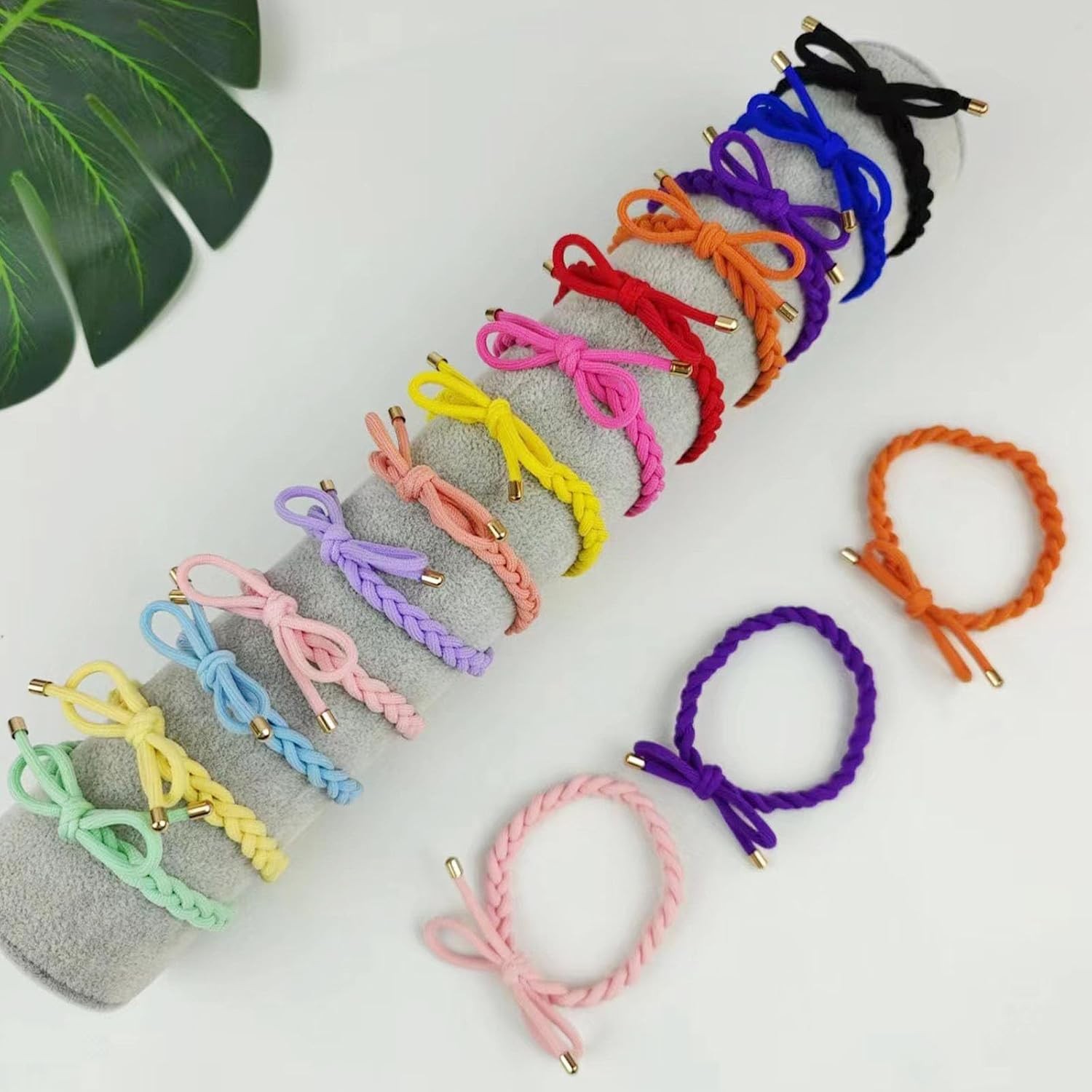 28 Pcs Braided Bow Hair Ties, No Damage Elastic Ponytail Holders 14 Colors