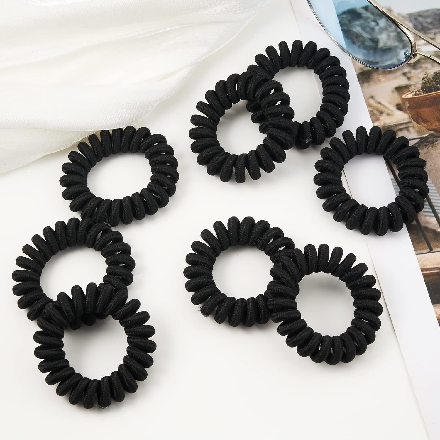 Spiral Black Cloth Hair Ties for Thick, Ponytail Holders (12 Pcs), No Crease Pho