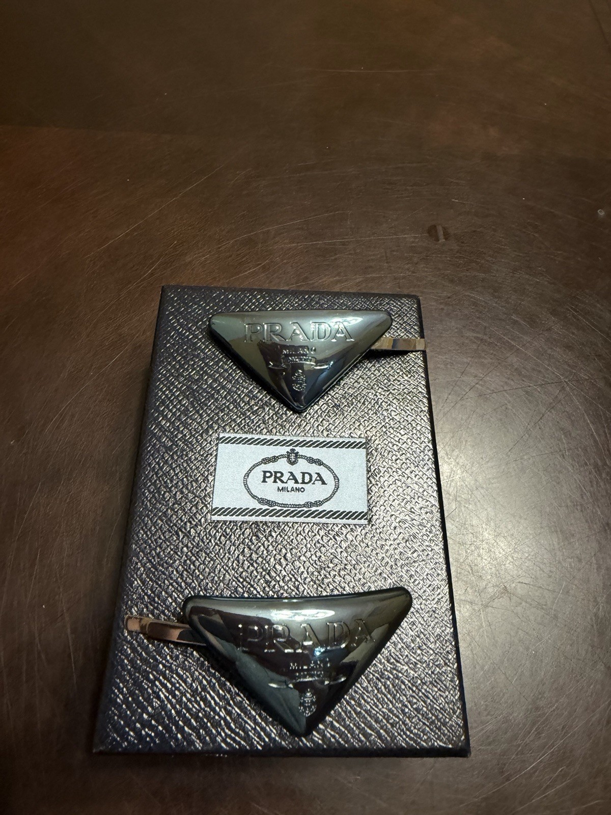 New Authentic Prada Triangle Logo Hair Clip Accessories 2 Pieces Metallic Blue