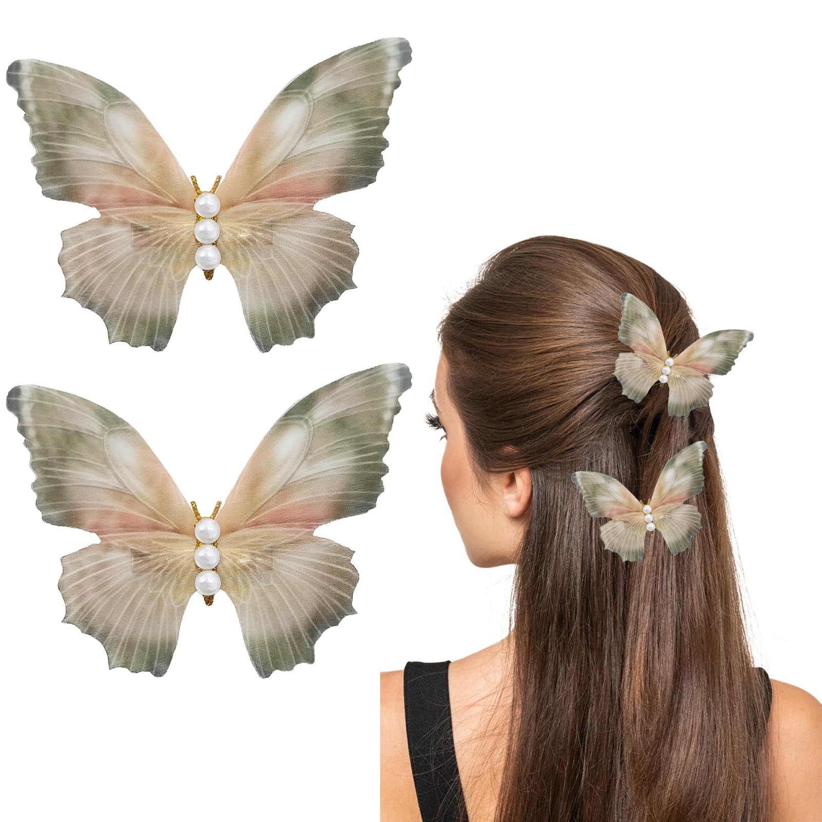 2Pcs Green Butterfly Hair Clips for Women, Boho Pearl Double Mesh 3D Moving W…