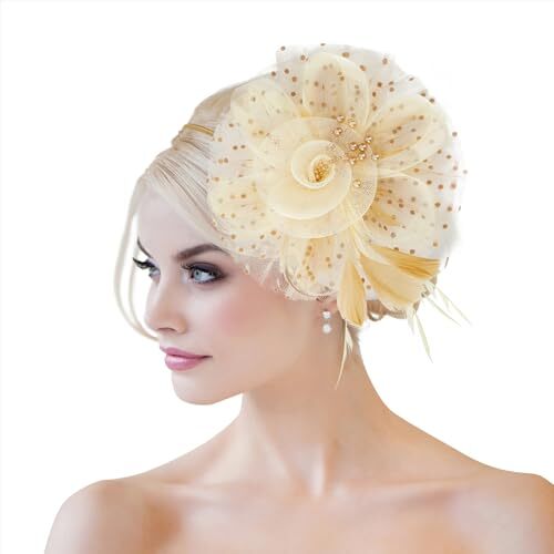 Fascinators for Women Tea Party Hat Kentucky Derby Hats One Size Beige & Gold
