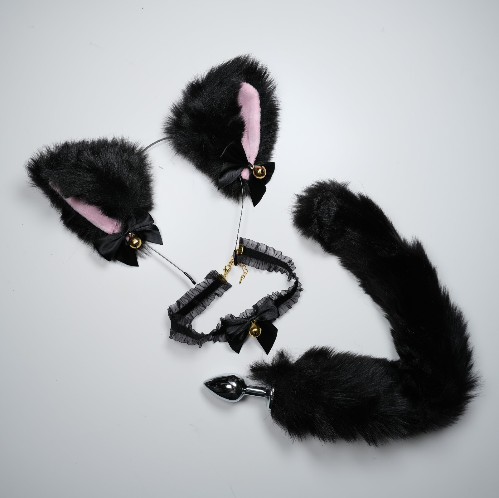 Black Pink White Cute Ear With Bell Bows Cat Ears BDSM Pet Play Set Cosplay