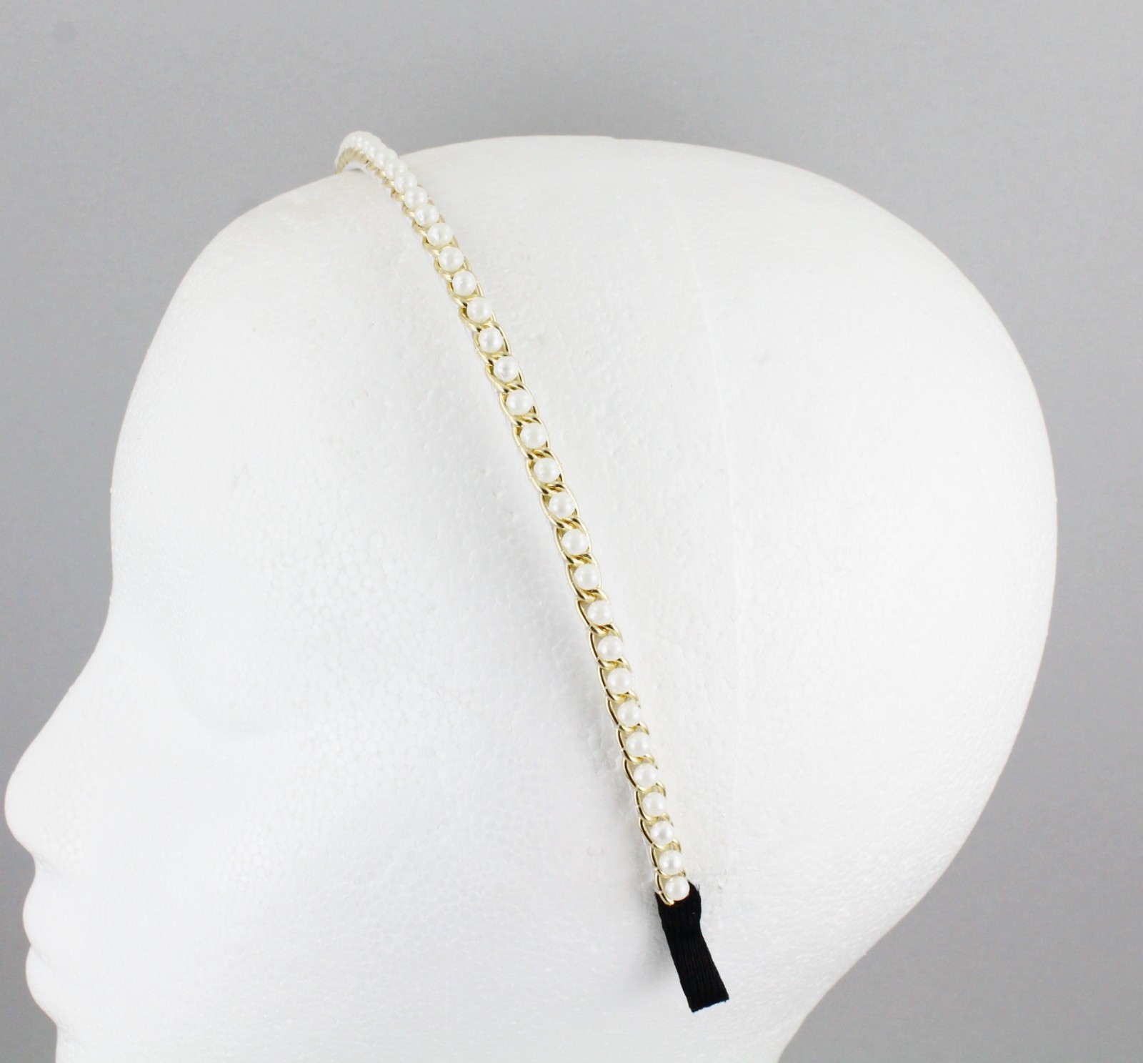 White faux pearl headband gold chain link thin skinny hair band accessory