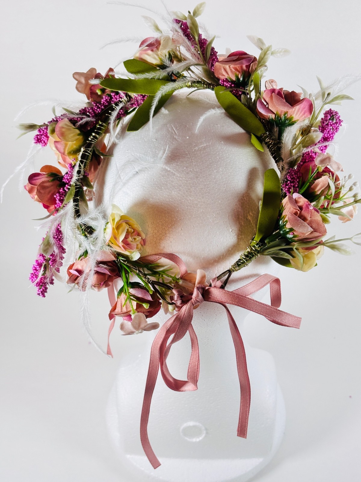 Mauve Flower Crown Wedding Quinceanera Communion Boho Feather Hair Wreath FH_C