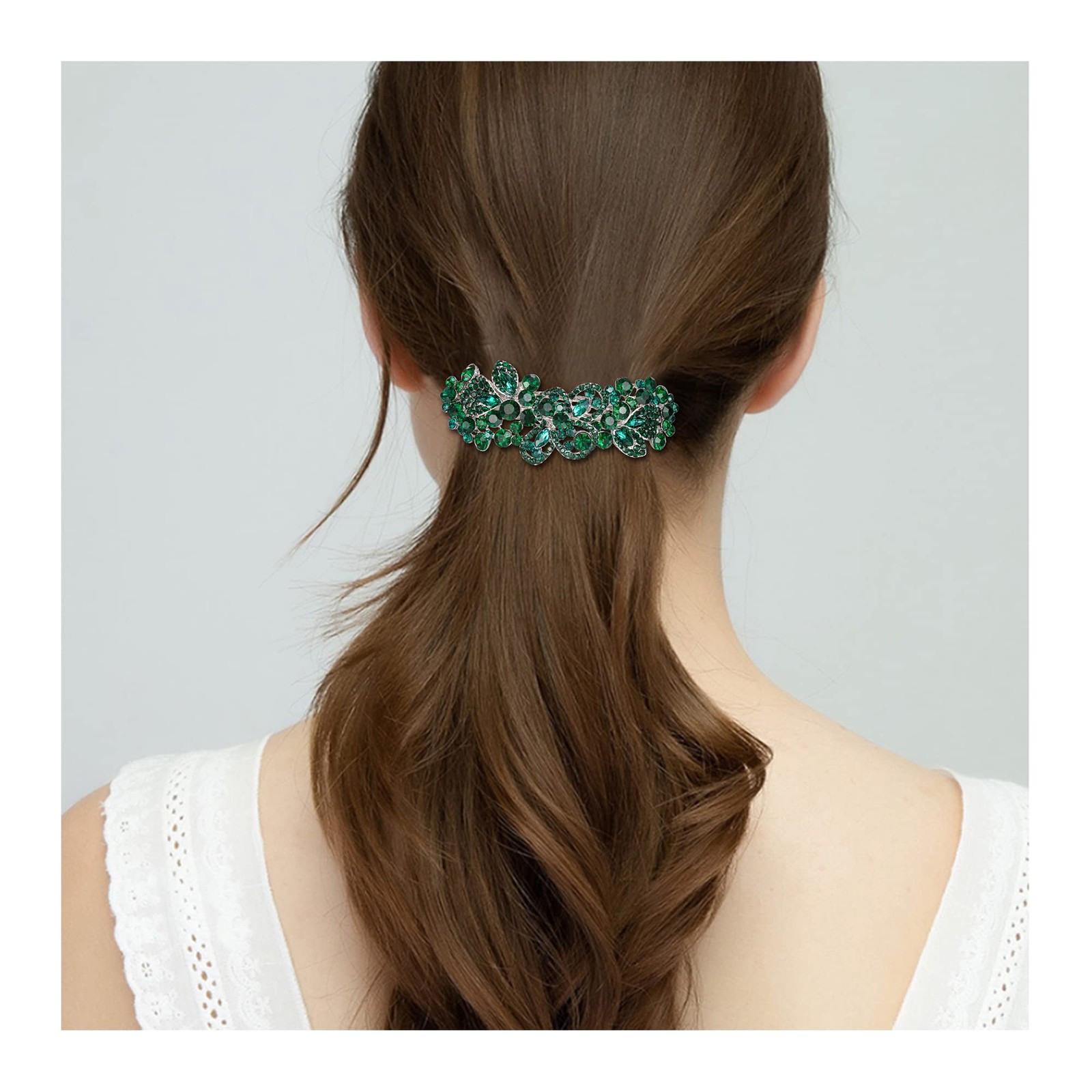 Austrian Crystal Hair Barrette Clip 9cm Green Silver-Tone – Wedding/Party