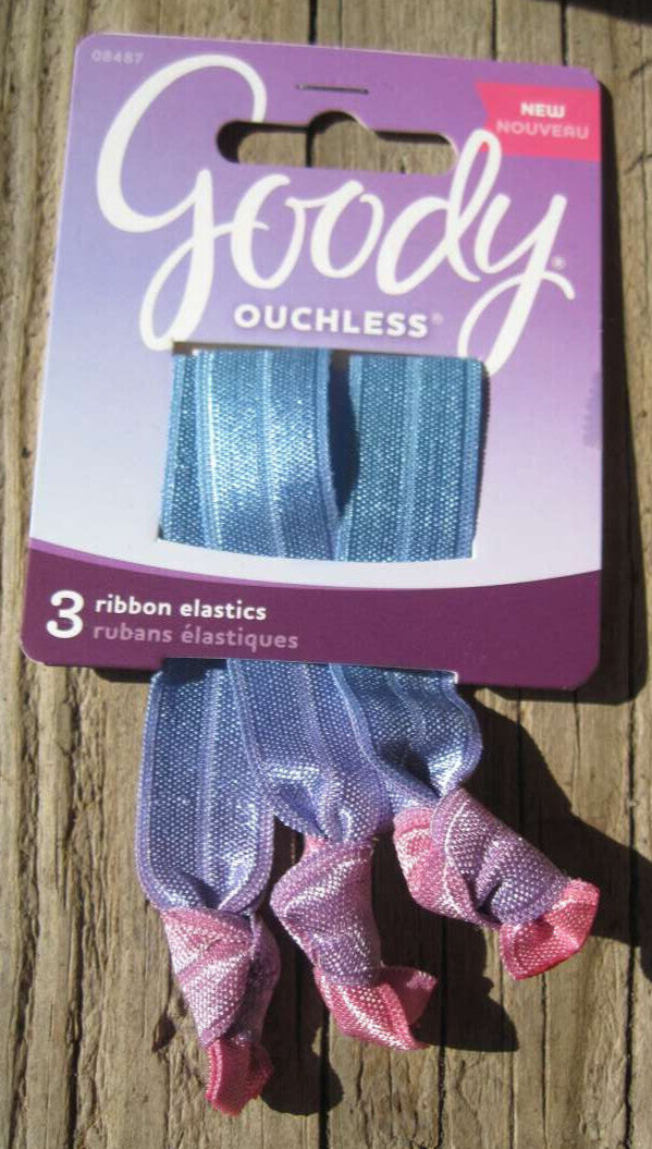 3 Goody Ribbon Elastics Ponytailer Hair Bands No Metal Shiny Tie Dye Pink Blue