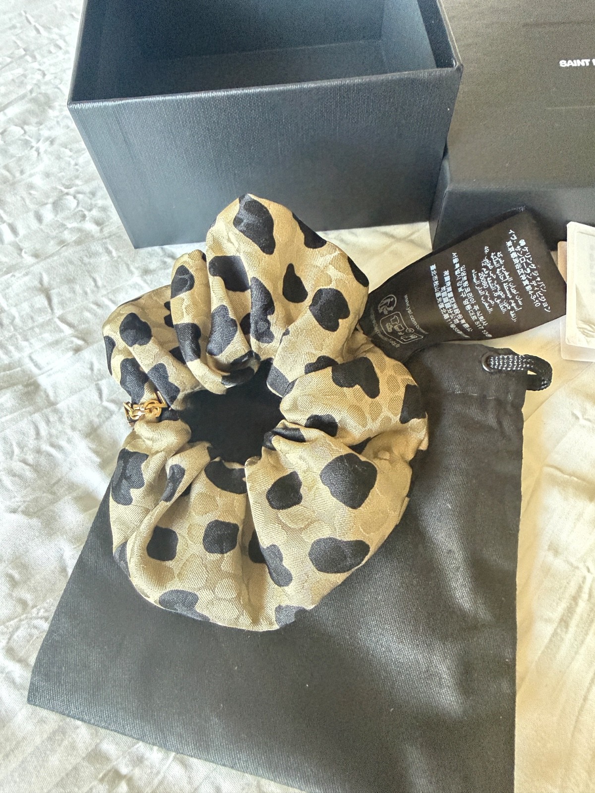 Saint Laurent Cassandre Leopard Silk Scrunchie Women’s Beige New