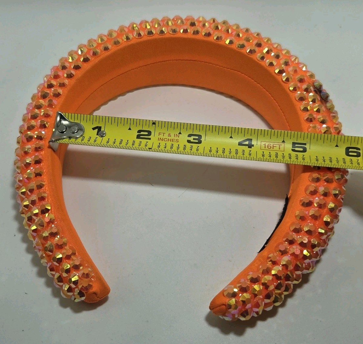 Neon Orange Padded Fabric Headband Hair Accessory W/Rhinestone Bling Handmade