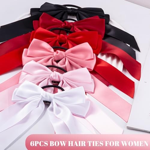 6Pcs Bow Hair Ties Non-Damage Ponytail Holders Hair Bows White/Pink/Red/Black