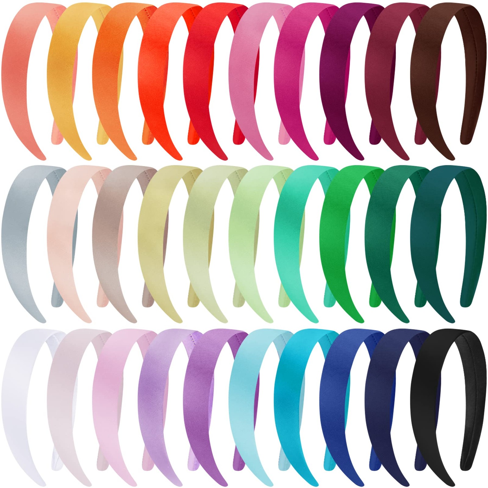 30 Pcs Satin Headbands, 1 Inch, 30 Colors, Hard, Plastic, Fabric, DIY, Craft