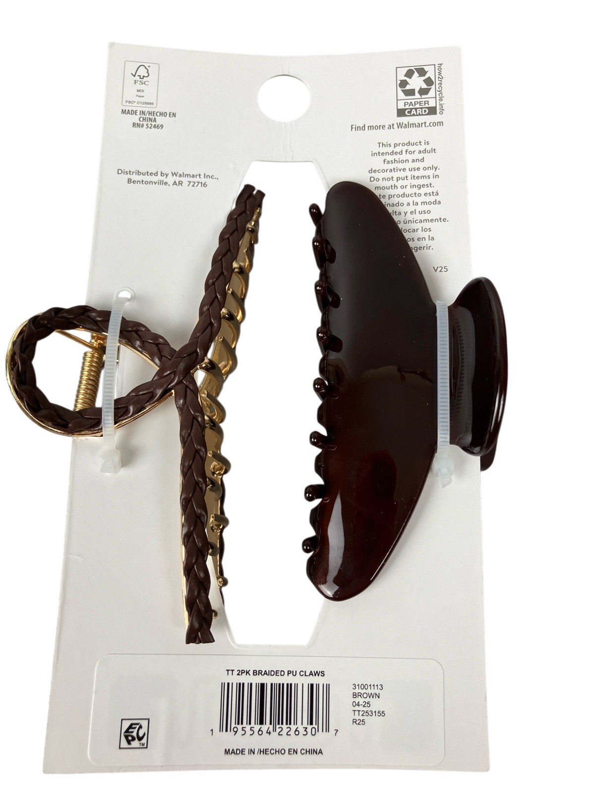 Time and Tru 2 Pack Hair Claws, Looped And Braided PU Hair Claws Blue & Brown
