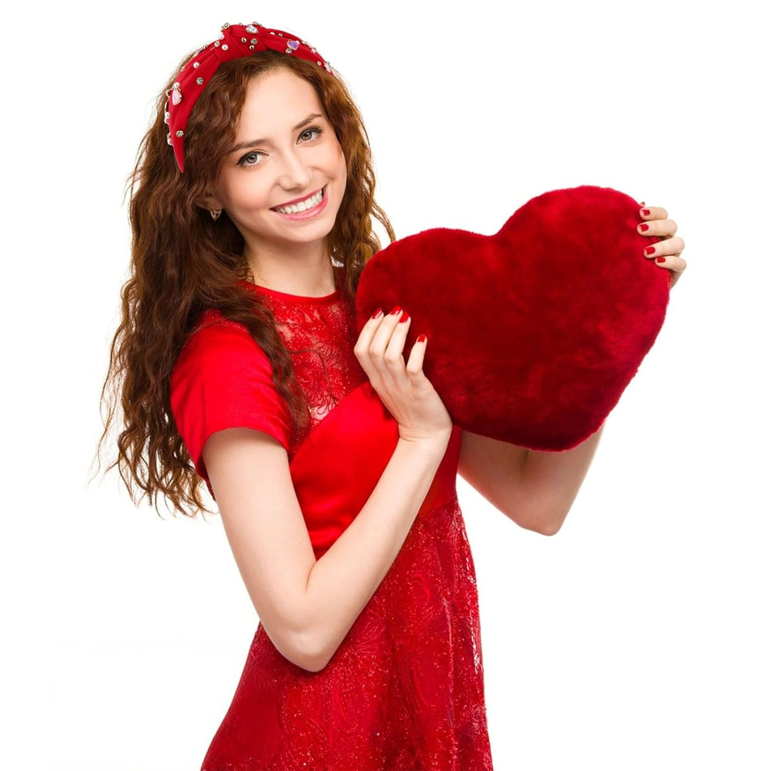 2 PCS Valentines Headbands for Women Cute Heart Knot Hairband White Pearl Rhines