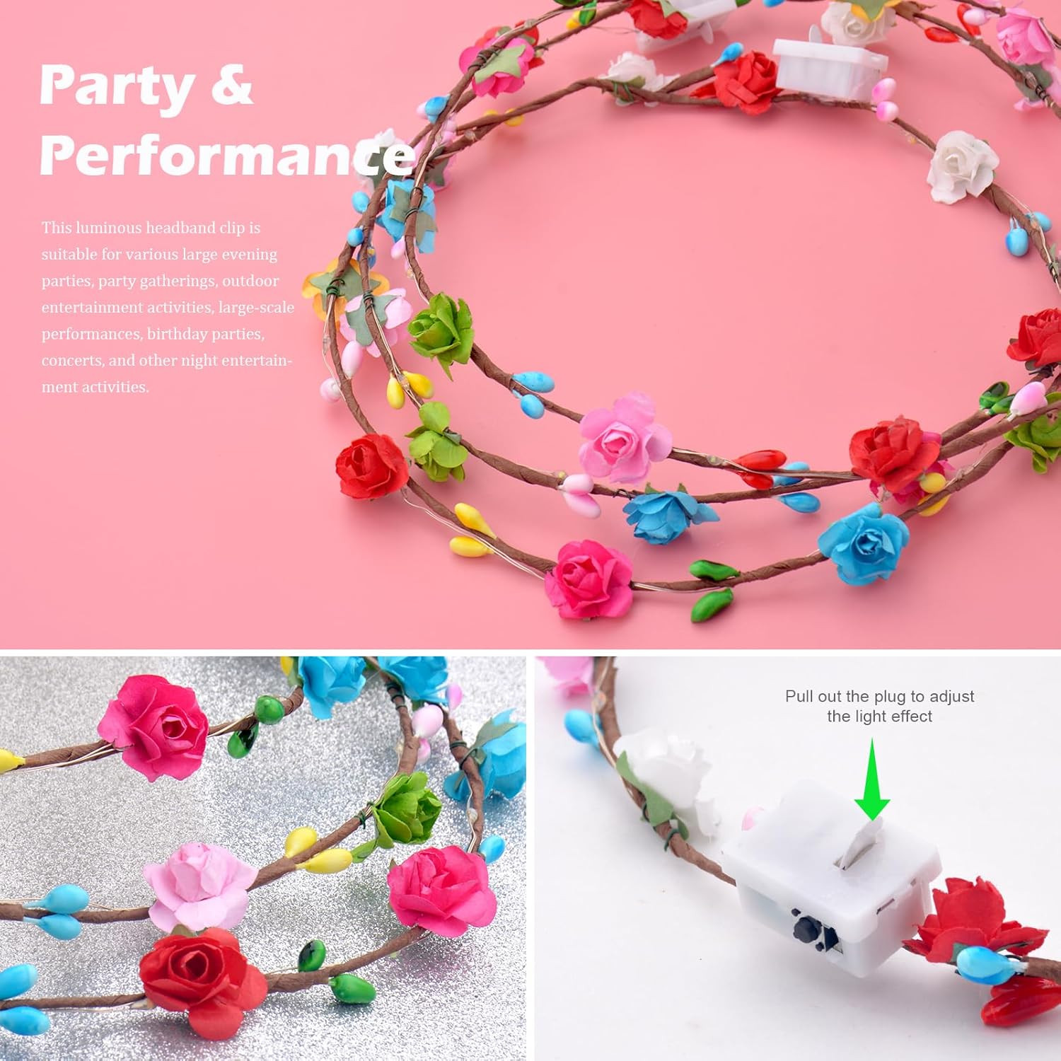 50 Pcs LED Flower Crowns Headbands,Flower Crowns for Women,Mardi Gras Light up H