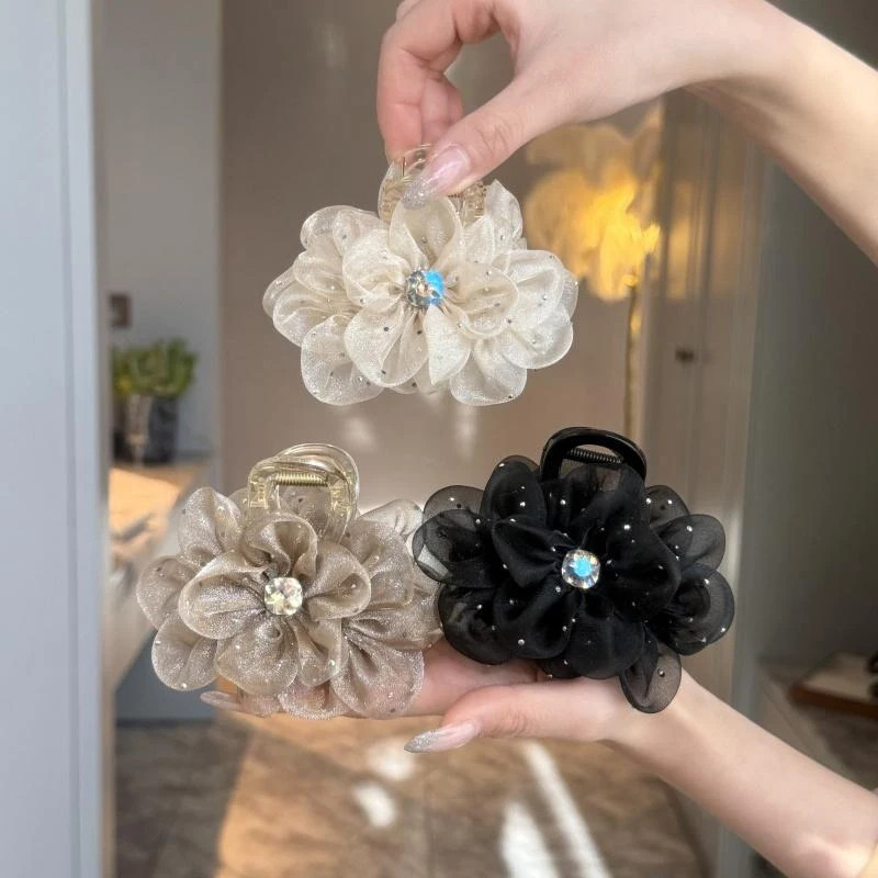 1/2/3Pcs Elegant Mesh Flower Rhinestone Hair Clip for Woman Korean Style Shark C