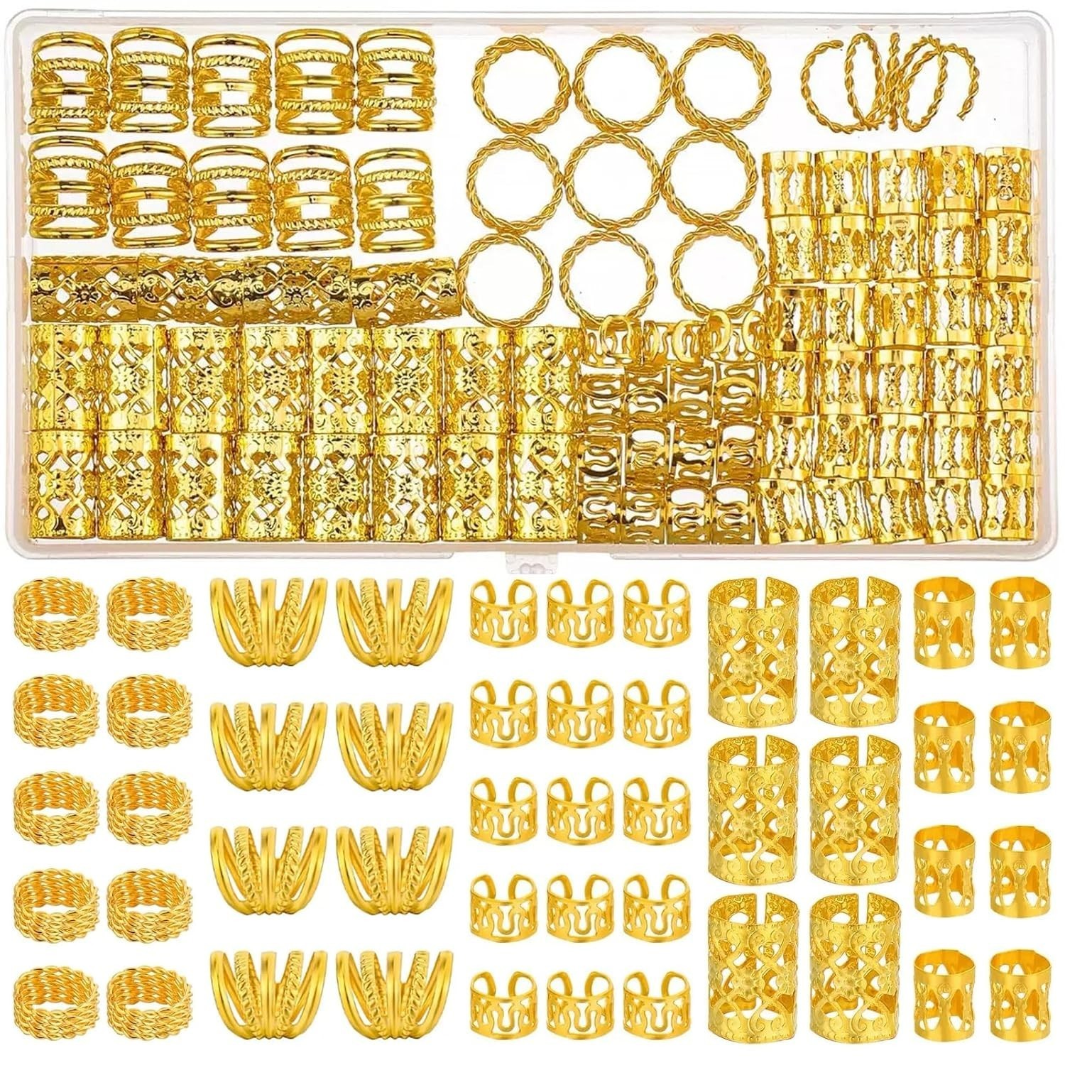 110 Pcs Gold Hair Jewelry for Braids and Dreadlocks – Metal Rings, Cuffs, Clips