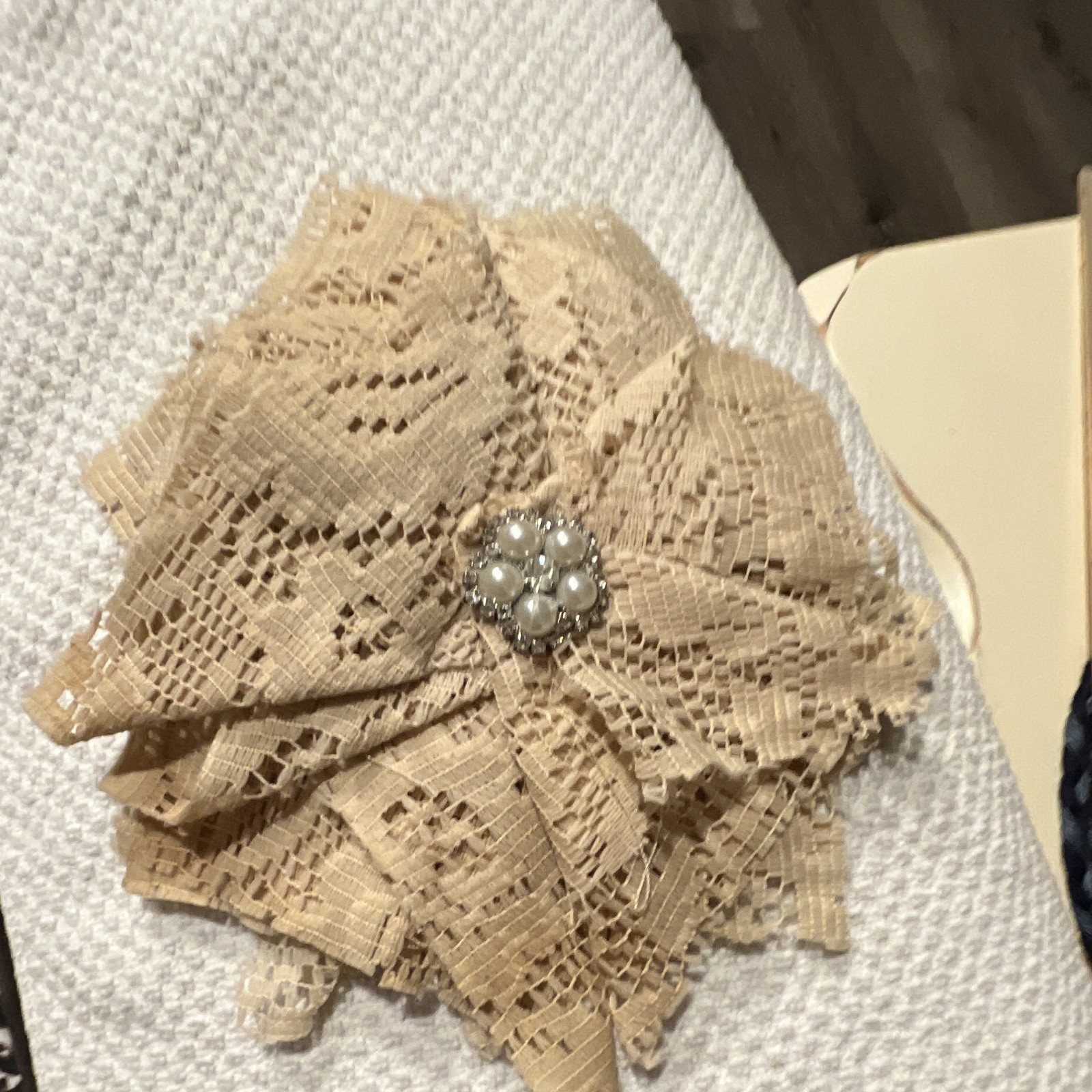 Beige Fabric Flower brooch Floral Lace Design with Pearl Accent