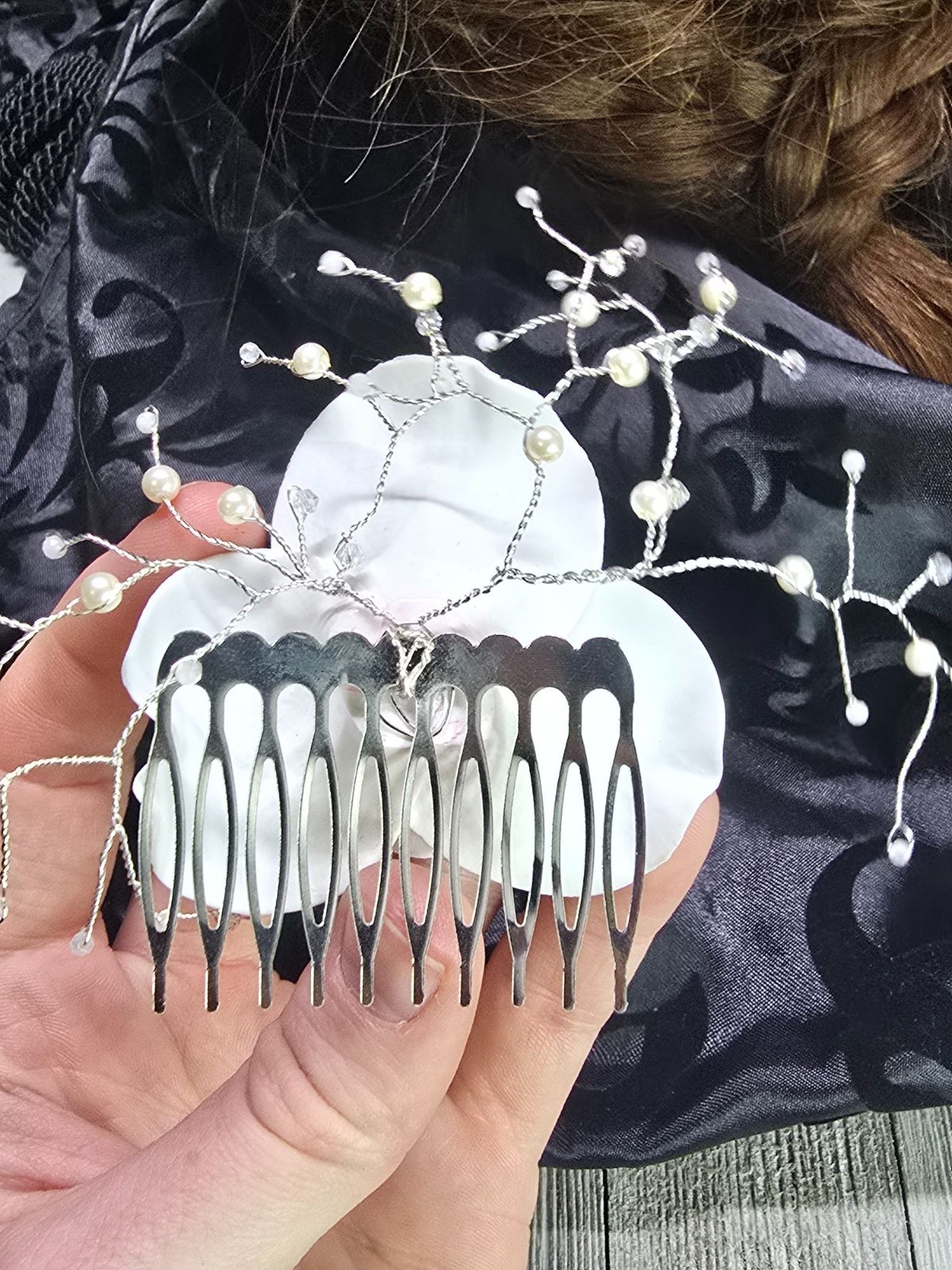 Elegant Handcrafted Glass Pearl Moonstone and Rose Quartz White Rose Hair comb