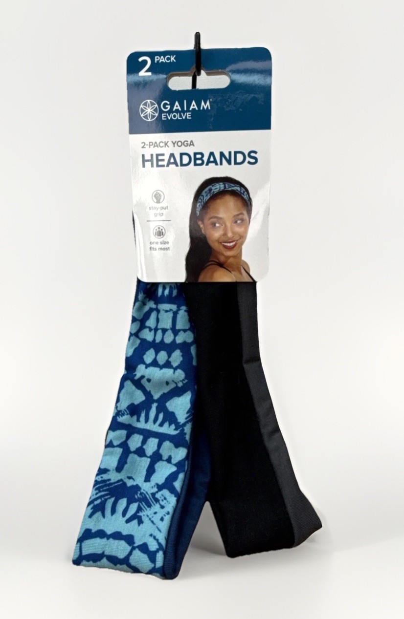 Gaiam Evolve Yoga Headbands 2-Pack Stay Put Grip One Size Tie Dye Black Gray NWT