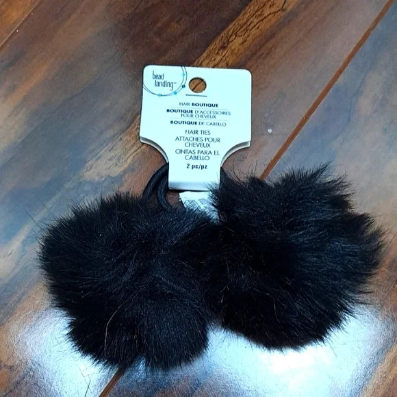 New Bead Landing 2 Black Hair Ties Faux Fur Scrunchies Fluffy