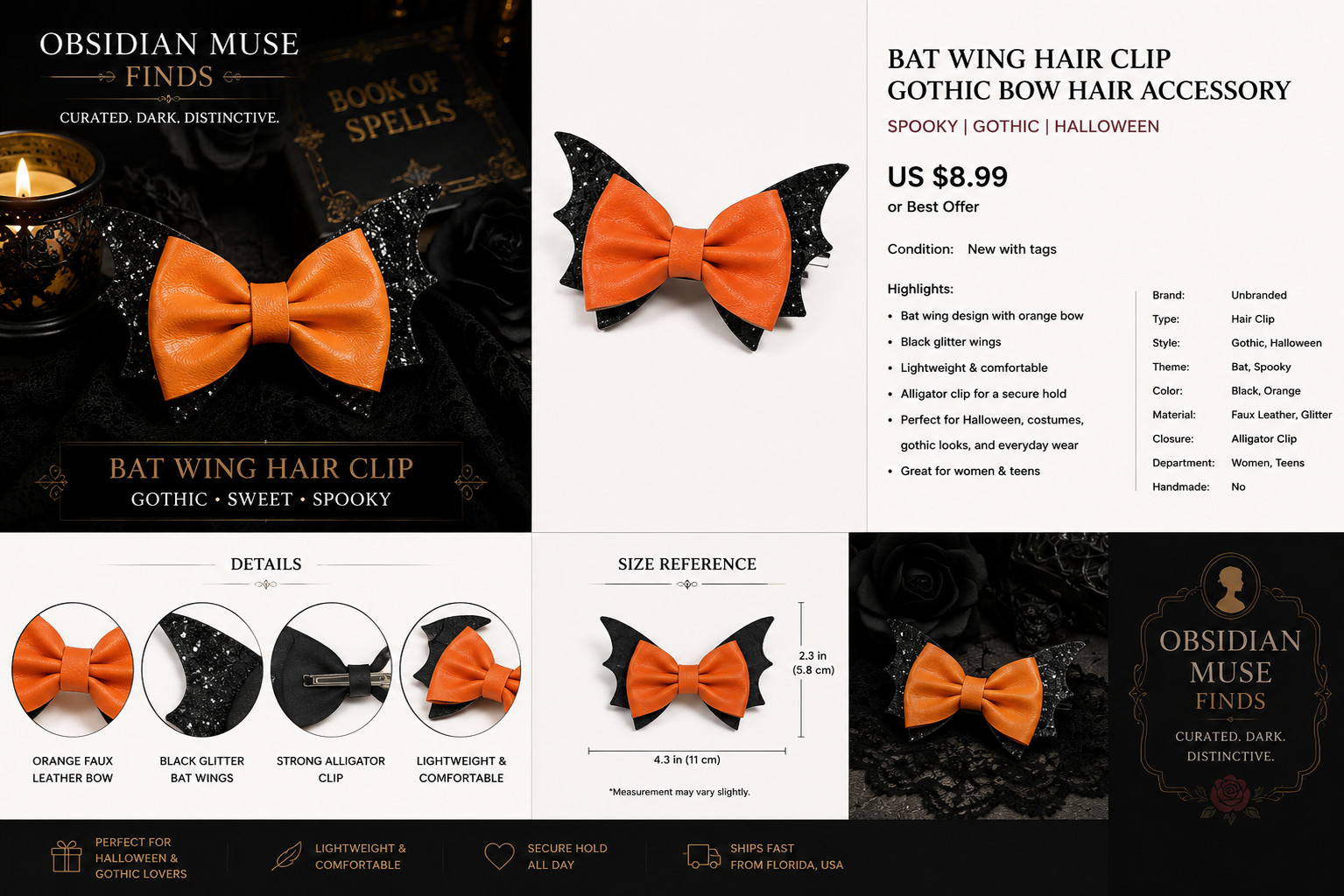 Obsidian Muse Finds | Bat Wing Hair Bow Clip Set Gothic Hair Halloween